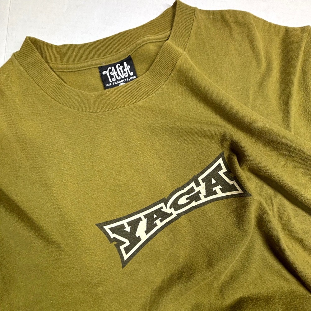 VTG 90s YAGA Peace Be Wit U T-Shirt Olive Medium Spellout Skate Rasta Single St.